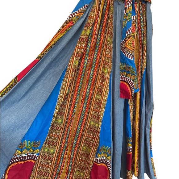African Dashiki Maxi Skirt Festival Boho One Size Patchwork Denim & Ankara Print - Picture 6 of 6